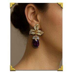 Vintage Ciner Clip-On Earrings – Gold-Tone Floral, Amethyst Crystal and Crystal